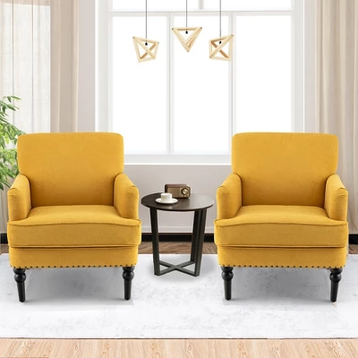 Tangkula Set Of 2 Modern Accent Chair Upholstered Sofa Chair W/ Rubber Wood Legs Yellow 2 Tangkula Set Of 2 Modern Accent Chair Upholstered Sofa Chair W/ Rubber Wood Legs Yellow - Image 2