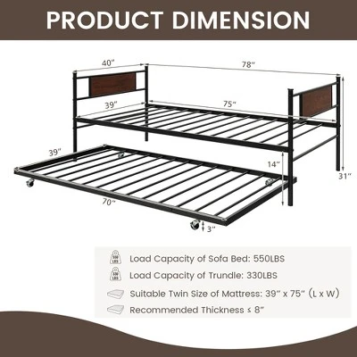 Costway Twin 2-In-1 Daybed Frame With Trundle Bed Set Steel Platform Sofa Bed Black 3 Costway Twin 2-In-1 Daybed Frame With Trundle Bed Set Steel Platform Sofa Bed Black - Image 3