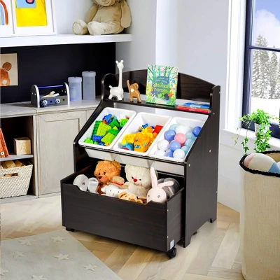 Costway Kids Wooden Toy Storage Unit Organizer W/Rolling Toy Box & Plastic Bins NaturalEspresso 1 Costway Kids Wooden Toy Storage Unit Organizer W/Rolling Toy Box & Plastic Bins NaturalEspresso