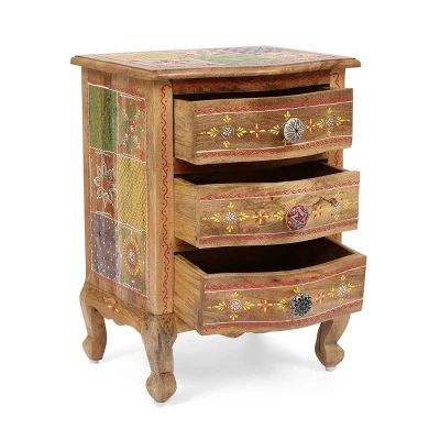 Ailey Handcrafted Boho Mango Wood 3 Drawer Nightstand Natural - Christopher Knight Home 2 Ailey Handcrafted Boho Mango Wood 3 Drawer Nightstand Natural - Christopher Knight Home - Image 2